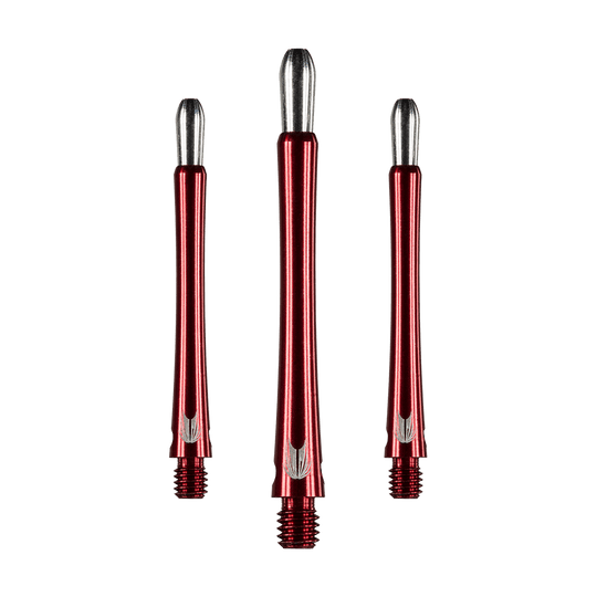 146240_Target_Grip_Style_Aluminium_Shafts_Rot_485mm_1 Das Bild zeigt drei rote Aluminium-Schäfte für Darts mit silbernen Enden. Die Schäfte haben ein glänzendes Finish und ein einfaches, elegantes Design.
