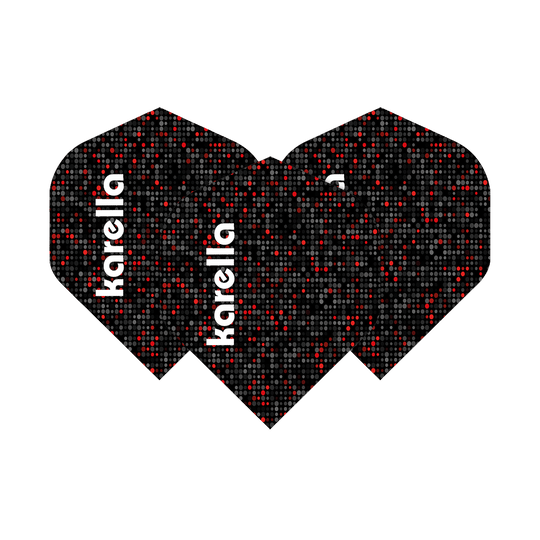 8032-13_Karella_XT-6_No2_Standard_Flights_18FL4taoWVFbg9 Das Bild zeigt Karella XT-6 No2 Standard Flights mit einem schwarzen Hintergrund und einem Muster aus roten und grauen Punkten. Auf den Flights steht der Markenname "karella" in weißer Schrift.