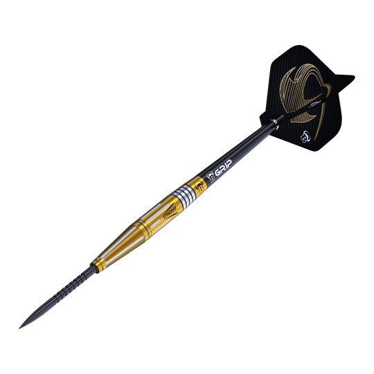 Bulls Stingray ST4 Steeldarts Das Bild zeigt einen Bulls Stingray ST4 Steeldart. Der Dart hat ein goldfarbenes Barrel und schwarze Flights mit einem auffälligen Design.