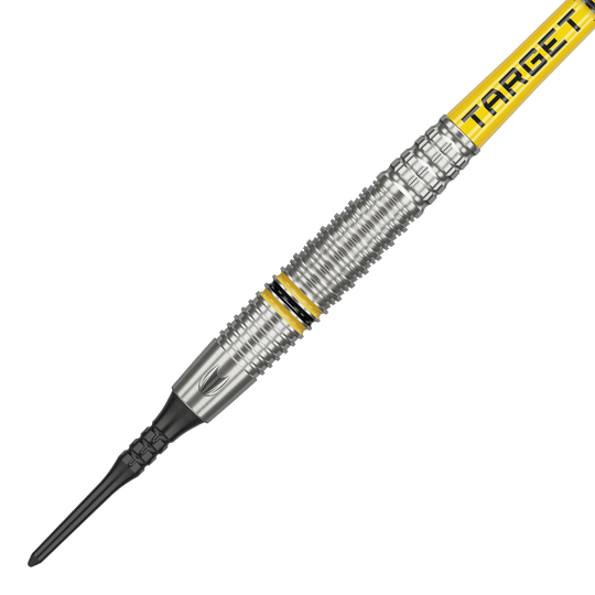 Das Bild zeigt einen Target Scott Williams GEN2 Softdart mit einem Gewicht von 18 Gramm. Der Dart hat silberne Rillen und gelbe Akzente sowie die Aufschrift "TARGET" auf dem Schaft.