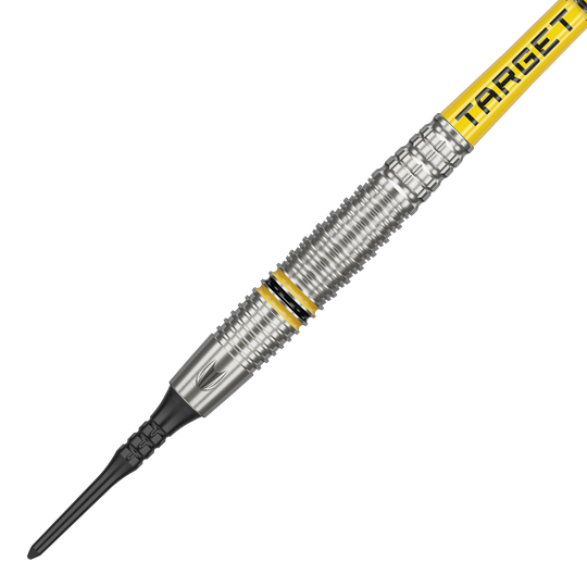 Dardos blandos Target Scott Williams GEN2 - 18 g Das Bild zeigt einen Target Scott Williams GEN2 Softdart mit einem Gewicht von 18 Gramm. Der Dart hat silberne Rillen und gelbe Akzente sowie die Aufschrift "TARGET" auf dem Schaft.