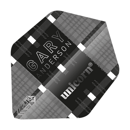 UN24_69031_Unicorn_UltraFly75_Gary_Anderson_World_Champion_Ghost_AR2_Flights_1 Das Bild zeigt ein Dart-Flight mit einem schwarz-grauen Karomuster und dem Namen "Gary Anderson". Auf dem Flight stehen außerdem die Markenbezeichnungen "unicorn" und "Ultra Fly".