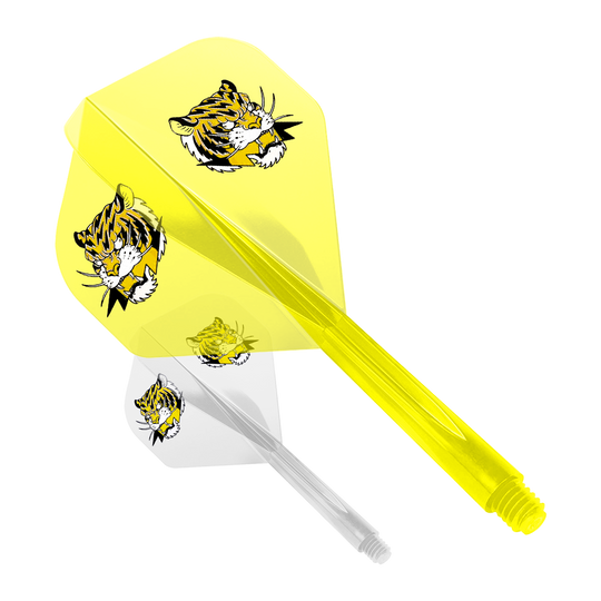 Condor AXE Inazuma Tiger Mix Flight-System Yellow Clear - Standard Das Bild zeigt zwei Dart-Flights des Modells "Condor AXE Inazuma Tiger Mix Flight-System" in Gelb und Transparent. Beide Flights sind mit einem Tigerkopf-Motiv bedruckt.
