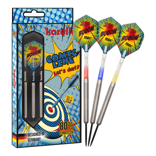 Dardos de acero Karella Comic Line CL-1 - 22 g Das Bild zeigt den Karella Comic Line CL-1 Steeldarts - 22g. Es veranschaulicht die vollständige Ansicht des Steeldartpfeils.