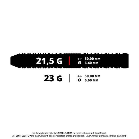 Dardos de acero Target Japan Black Marque Draco GEN2 Das Bild zeigt zwei verschiedene Gewichtsoptionen für Steeldarts: 21,5 g und 23 g. Beide Varianten haben eine Länge von 50,00 mm, unterscheiden sich jedoch im Durchmesser (6,40 mm und 6,60 mm).