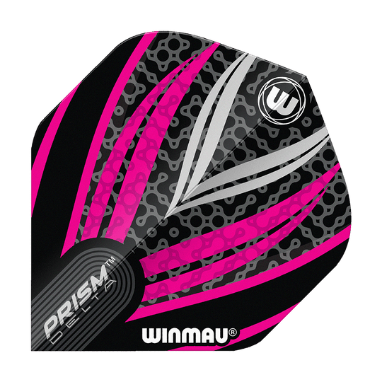Letky Winmau Prism Delta černá bílá růžová č. 2 standardní Das Bild zeigt ein Winmau Prism Delta Dart Flight in den Farben Schwarz, Weiß und Pink. Das Flight hat ein modernes Muster mit Linien und dem Winmau-Logo darauf.