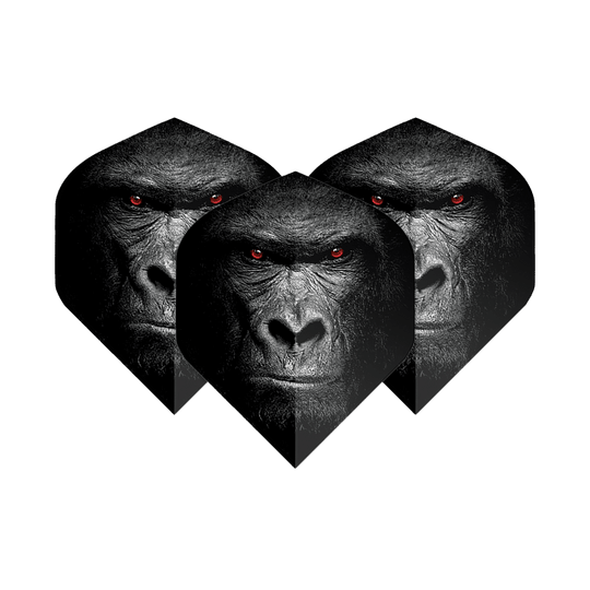 Lety v pětiboji Gorilla Das Bild zeigt drei Dart-Flights mit dem Gesicht eines Gorillas und leuchtend roten Augen. Die Flights sind das Produkt "Pentathlon Gorilla No2 Standard Flights".