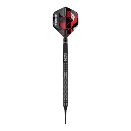 Dardos blandos Red Dragon T-800 - 20 g Das Bild zeigt einen Red Dragon T-800 Softdart mit einem Gewicht von 20g. Der Dart ist schwarz mit roten und weißen Designelementen auf dem Flight.