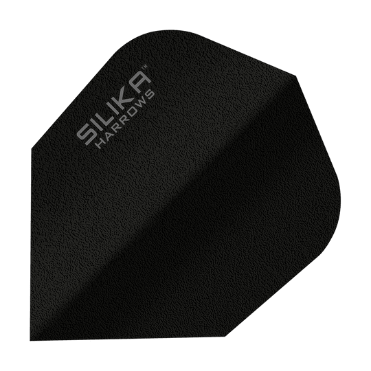 Harrows Silica Solid Houževnatý krystalický povlak Černá No6 Flight Das Bild zeigt einen schwarzen Dartflight mit der Aufschrift "SILIKA HARROWS". Es handelt sich um das Modell "Silika Solid Tough Crystalline Coating Black No6".