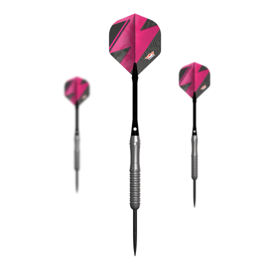 Dardos de acero Bulls NL Lightning Pink Das Bild zeigt drei Steeldarts mit silbernem Griff und pink-schwarzen Flights. Es handelt sich um das Produkt "Bulls NL Lightning Pink Steeldarts".