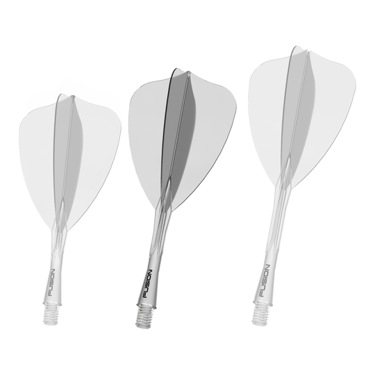 Winmau Fusion Flight-Shaft-System Arrow Clear Abgebildet ist ein weiteres Dartzubehör, wie ein Shaft oder Flight. Der Dateiname beschreibt das Produkt als 'Winmau Fusion Flight Shaft System Arrow Clear 28mm 2'.