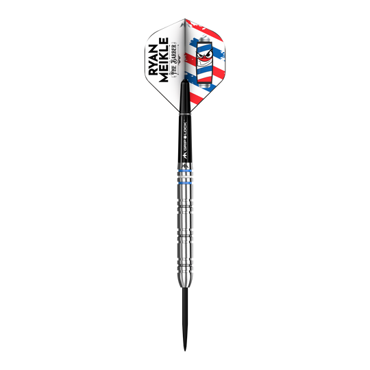 Mission Ryan Meikle The Barber Steeldarts - 23g Darts sind abgebildet. Das Bild zeigt das Design und die Details dieses Steeldarts.
