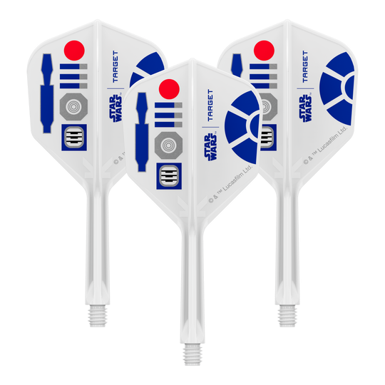 Abgebildet ist ein Produkt mit dem Dateinamen 410511_Target_StarWars_KFlex_R2D2_No6_Flights_Intermediate_26mm_1Set. Es könnte sich um ein Set von Dart-Flights mit Star Wars Motiv handeln.