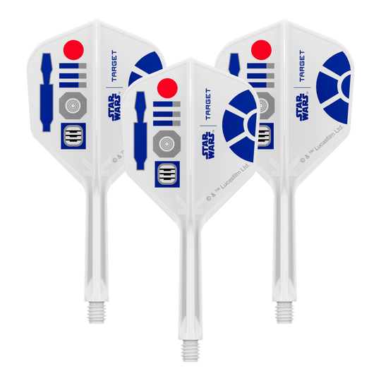 Target Star Wars K-Flex R2D2 No6 Flights Abgebildet ist ein Produkt mit dem Dateinamen 410511_Target_StarWars_KFlex_R2D2_No6_Flights_Intermediate_26mm_1Set. Es könnte sich um ein Set von Dart-Flights mit Star Wars Motiv handeln.