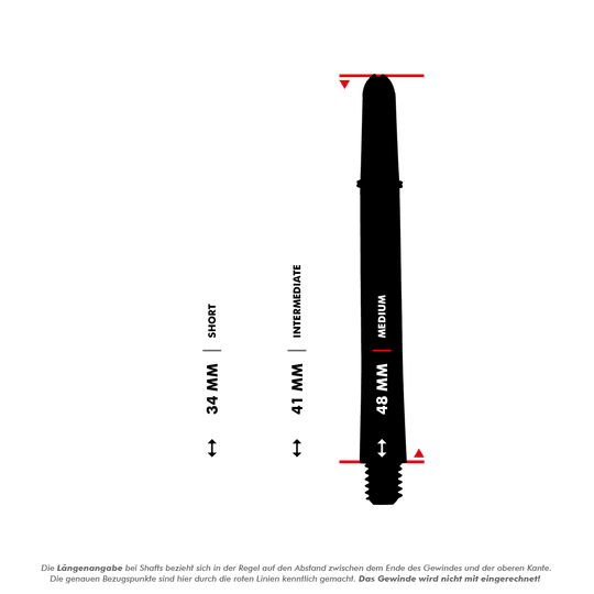 Wałki Target Pro Grip TAG – 3 zestawy – białe Das Bild zeigt drei verschiedene Längen von Dartshafts: 34 mm (Short), 41 mm (Intermediate) und 48 mm (Medium). Die genauen Bezugspunkte für die Längenangabe sind mit roten Linien markiert, das Gewinde wird nicht mitgerechnet.