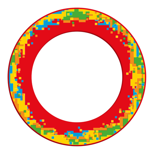 McDart Pixel Dartboard Surround Dargestellt ist ein roter Dartboard-Surround. Das Produkt schützt die Wand rund um die Dartscheibe.