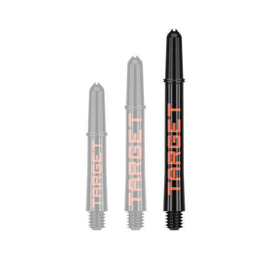 Target Pro Grip TAG Shafts - 3 Sets - Black Orange Das Bild zeigt drei schwarze Dartschäfte in verschiedenen Längen mit orangefarbener Schrift. Auf jedem Schaft steht das Wort "TARGET".