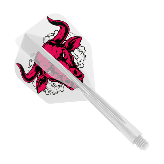 Condor Axe Aussie Bull Clear Flight-System Small Das Bild zeigt einen klaren Dart-Flight mit einem roten Stierkopf-Design. Es handelt sich um das Produkt „Condor Axe Aussie Bull Clear Flight-System Small“.