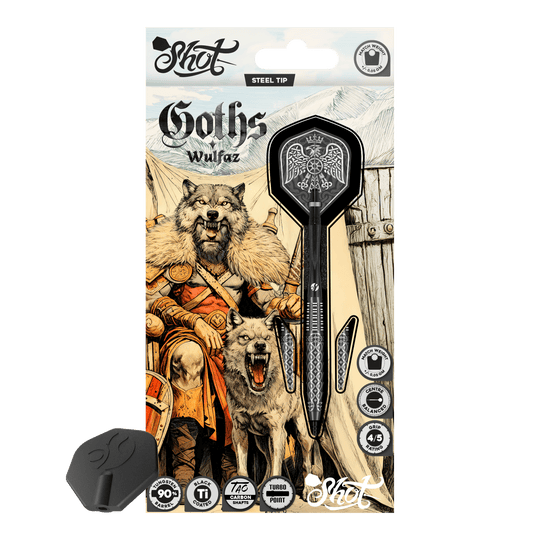 Shot Goths Wulfaz Turbo Point Steeldarts - 23g Das Bild zeigt die Shot Goths Wulfaz Turbo Point Steeldarts mit 23 Gramm. Diese Pfeile sind für das Steeldartspiel konzipiert.