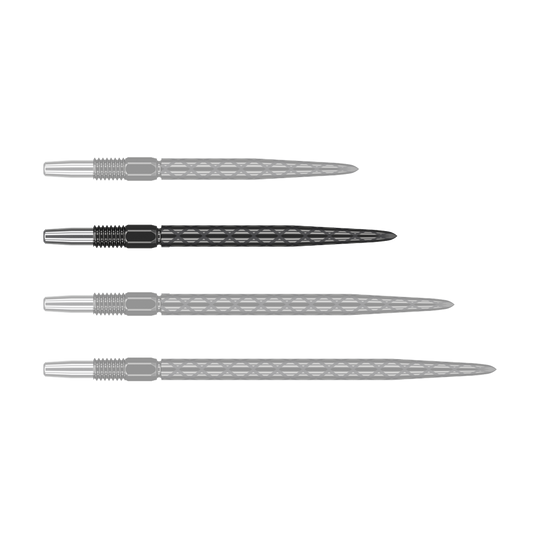Puntas de dardos Target Swiss Diamond Pro Black Points Das Bild zeigt vier schwarze Dartspitzen mit silbernem Gewinde, die nebeneinander liegen. Die Spitzen haben eine rautenförmige Struktur entlang des Schafts.