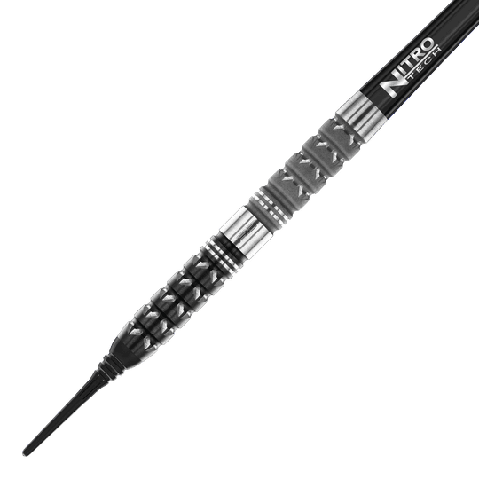 Šipky Red Dragon Paradym Tapered Soft - 20g Das Bild zeigt den Red Dragon Paradym Tapered Softdart mit einem Gewicht von 20g. Der Dart hat ein markantes, silber-schwarzes Design mit spezieller Griffstruktur und der Aufschrift "Nitro Tech" am Schaft.