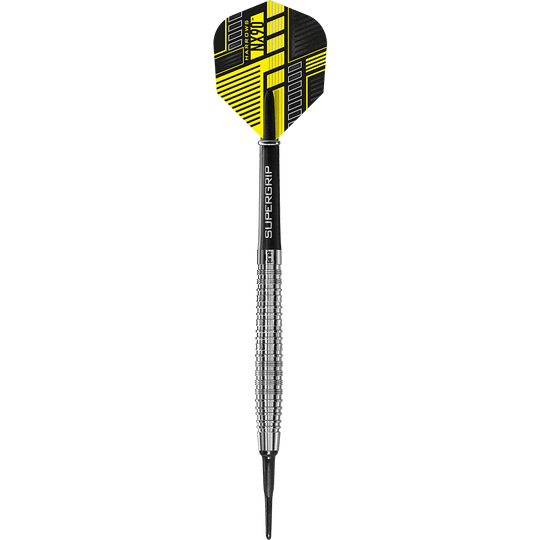 HA33768_Harrows_NX90_Softdarts_1 Das Bild zeigt einen Harrows NX90 Softdart mit einem modernen, schwarz-gelben Flight. Der Dart hat einen silbernen, geriffelten Schaft und eine schwarze Spitze.