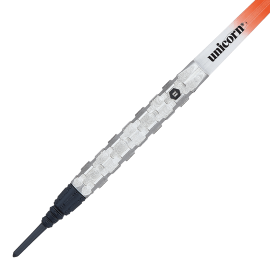 Fléchettes souples Unicorn Ballista Style 1 Das Bild zeigt einen Softdart namens "Unicorn Ballista Style 1". Der Dart hat einen silbernen, strukturierten Griff und eine schwarze Spitze.