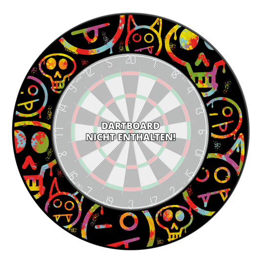 McDart Graffiti Emojis Dartboard Surround Abgebildet ist ein Dartboard Surround mit bunten Smiley-Graffiti. Diese Umrandung dient dem Schutz beim Darts-Spielen.
