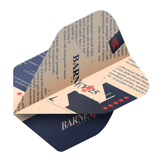 Cíl ProUltra Raymond Van Barneveld Barney25 Standardní lety Das Bild zeigt einen Target ProUltra Raymond Van Barneveld Barney25 Standard Flight für Darts. Das Design ist in Blau und Beige gehalten und enthält Sterne sowie den Schriftzug "Barney25".