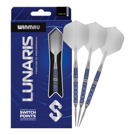Zu sehen sind die Winmau Lunaris Parallel Switch Point Steeldarts in voller Länge. Das Produkt wird frontal gezeigt.