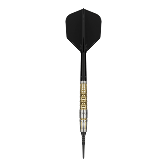 Dardos blandos Target Japan Black Marque Warrior - 18,5 g Das Bild zeigt einen Target Japan Black Marque Warrior Softdart mit einem Gewicht von 18,5g. Der Dart hat eine schwarze Spitze und Flügel sowie einen gold-silbernen Griffbereich.