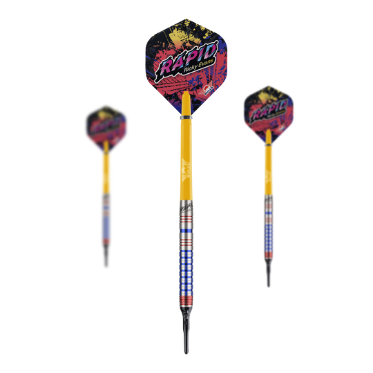 Bulls NL Ricky Evans Rapid Edition One Softdarts - 20g Das Bild zeigt drei Softdarts der Marke "Bulls NL Ricky Evans Rapid Edition One" mit einem Gewicht von 20g. Die Darts sind gelb mit farbigen Flights, auf denen "Rapid Ricky Evans" steht.