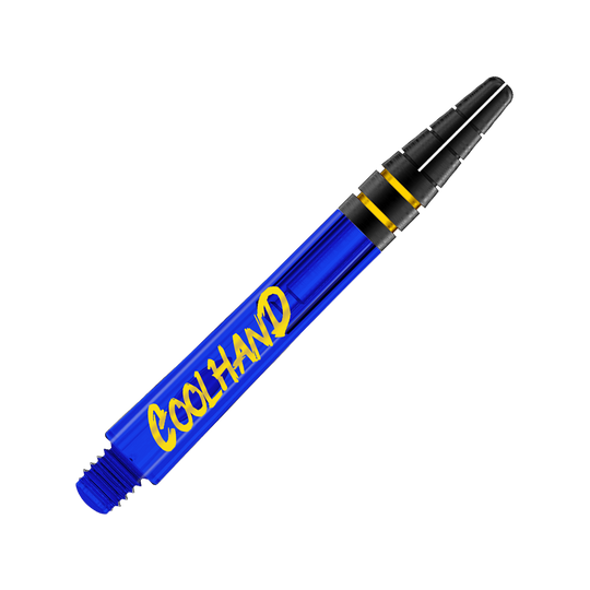 Dies ist ein blauer Dart-Schaft mit der gelben Aufschrift "COOLHAND". Am oberen Ende befinden sich zwei schwarze Ringe mit goldenen Akzenten.