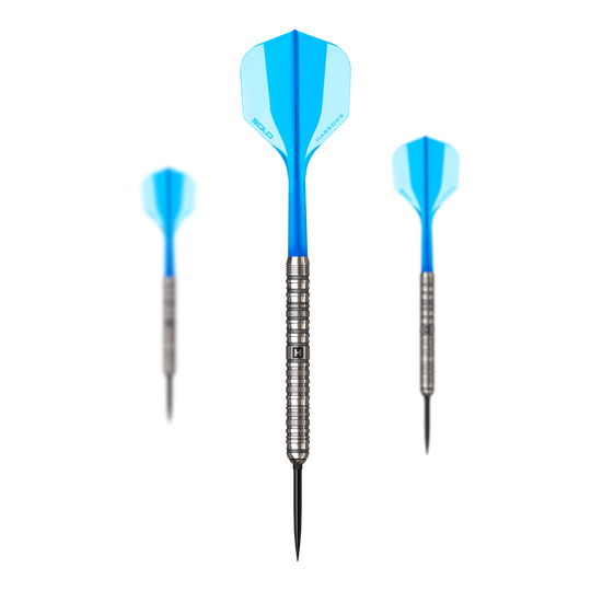 Harrows Flux Quick Point Steeldarts sind zu sehen. Die Darts haben eine schlanke Form und elegante Akzente.