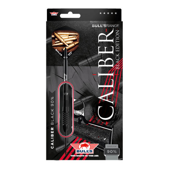 Dardos de acero Bulls NL Caliber Black Das Bild zeigt die Verpackung der "Bulls NL Caliber Black Steeldarts". Die Verpackung ist schwarz gestaltet und hebt die Steeldarts sowie den Schriftzug "Caliber Black Edition" hervor.