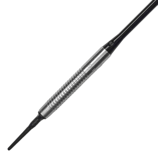 McDart 85er Tungsten V21 Softdarts - 18,5g Das Bild zeigt einen McDart 85er Tungsten V21 Softdart mit einem Gewicht von 18,5g. Der Dartpfeil hat eine silberne, gerillte Griffzone und eine schwarze Spitze.