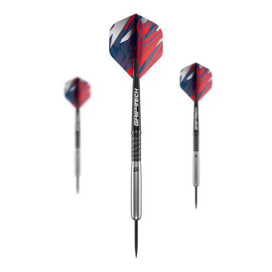 Šipky GOAT Homerun Baseball Tungsten Steel Das Bild zeigt drei GOAT Homerun Baseball Tungsten Steeldarts mit silbernem Schaft und bunten, rot-blauen Flights. Die Darts sind modern gestaltet und heben sich durch das auffällige Design ab.