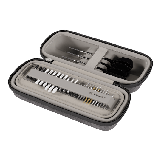 Target BOA Dartcase Das Bild stellt das Target BOA Dartcase in Grau und Hellgrau dar. Es ist zur Organisation von Dartutensilien bestimmt.
