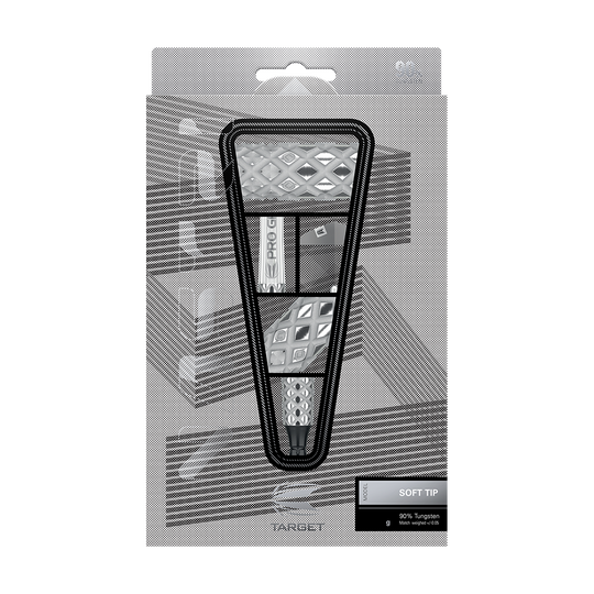 210134_Target_Nastri_10_Softdarts_3 Das Bild zeigt die Target Nastri 10 Softdarts in ihrer Verpackung. Die Darts haben ein modernes, silbernes Design und sind für elektronische Dartboards geeignet.