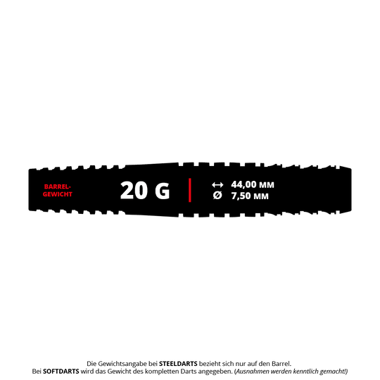 Das Bild zeigt die Produktdaten der Target Japan Toru Suzuki Sereno GEN2 Softdarts mit 20 Gramm Gewicht. Die Länge beträgt 44,00 mm und der Durchmesser 7,50 mm.