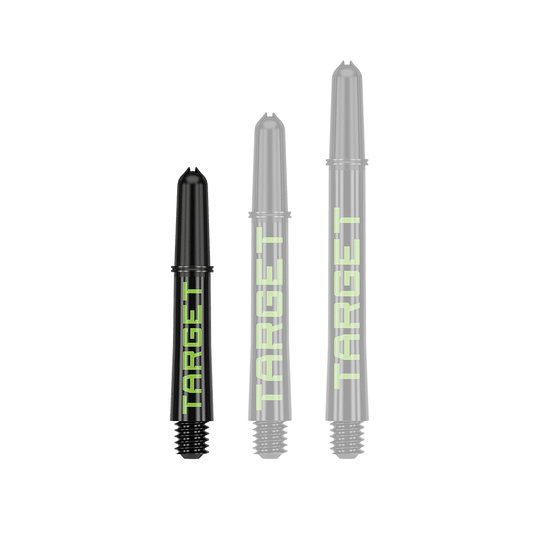 Target Pro Grip TAG Shafts - 3 Sets - Black Green Das Bild zeigt drei schwarze Dart-Schäfte in verschiedenen Längen mit grünem Schriftzug "TARGET". Sie sind nebeneinander auf weißem Hintergrund angeordnet.