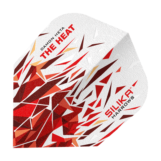 Harrows Silika Damon Heta 2 Solid Tough Crystalline Coating No6 Flights Das Bild zeigt einen Dart Flight mit dem Namen "Harrows Silika Damon Heta 2 Solid Tough Crystalline Coating No6". Das Design ist weiß mit roten und braunen, geometrischen Mustern und dem Schriftzug "THE HEAT" und "SILIKA HARROWS".