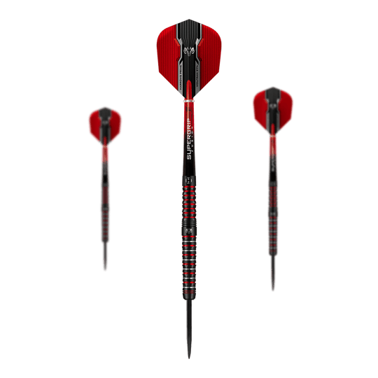 Fléchettes Harrows Tungsten Infinity 97 % en acier tungstène Das Bild zeigt drei Harrows Wolfram Infinity 97% Tungsten Steeldarts mit roten und schwarzen Details. Die Darts haben einen metallisch gestreiften Griff und rote Flights.