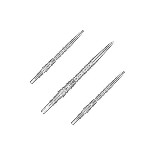 Target Signature Swiss Point TRB Steeldartspitzen - Silber Mehrere silberne Dartspitzen sind nebeneinander zu sehen. Es handelt sich um ein Set der 'Target SwissPoint Signature TRB' Dartspitzen mit 30 mm Länge.