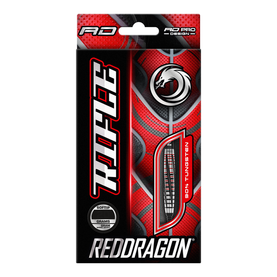 Měkké šipky Red Dragon Rifle - 20g Die Abbildung zeigt die Verpackung der "Red Dragon Rifle Softdarts - 20g". Das Design ist auffällig in Rot und Schwarz gehalten und zeigt eine Abbildung eines Dartpfeils.