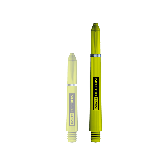 Das Bild zeigt zwei Winmau Nylon Ring Grip MvG Design Shafts in leuchtendem Gelb. Beide Shafts haben ein schwarzes „MvG DESIGN“-Logo aufgedruckt.