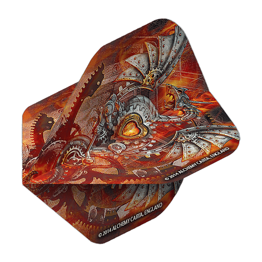 Dragon Alchemy Tech No2 Vols Standard Das Bild zeigt ein Dart-Flight mit einem detailreichen, mechanischen Drachenmotiv in Rot- und Metalltönen. Auf dem Flight steht "2014 ALCHEMY CARTA, ENGLAND" geschrieben.