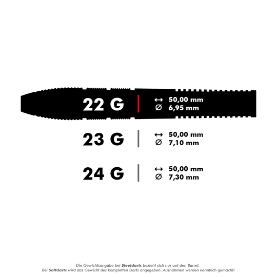 Ocelové šipky Target Nathan Aspinall X Echo Swiss Point Das Bild zeigt die Spezifikationen für Steeldarts in den Gewichtsklassen 22 g, 23 g und 24 g. Es werden jeweils die Länge und der Durchmesser der Darts angegeben.