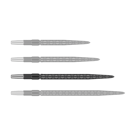Pointes de fléchettes Target Swiss Diamond Pro Black Points Das Bild zeigt vier schwarze Dartspitzen mit einem rautenförmigen Muster. Sie sind nebeneinander auf weißem Hintergrund angeordnet.