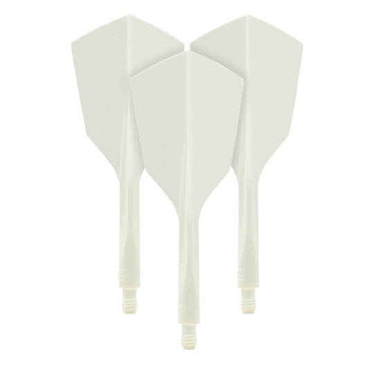 Condor Axe 120 Flight-System White - Narrow Auf dem Bild sind drei weiße Dartflights aus dem Set "Condor Axe 120 Flight-System White - Narrow" zu sehen. Die Flights haben eine schmale Form und sind miteinander verbunden.